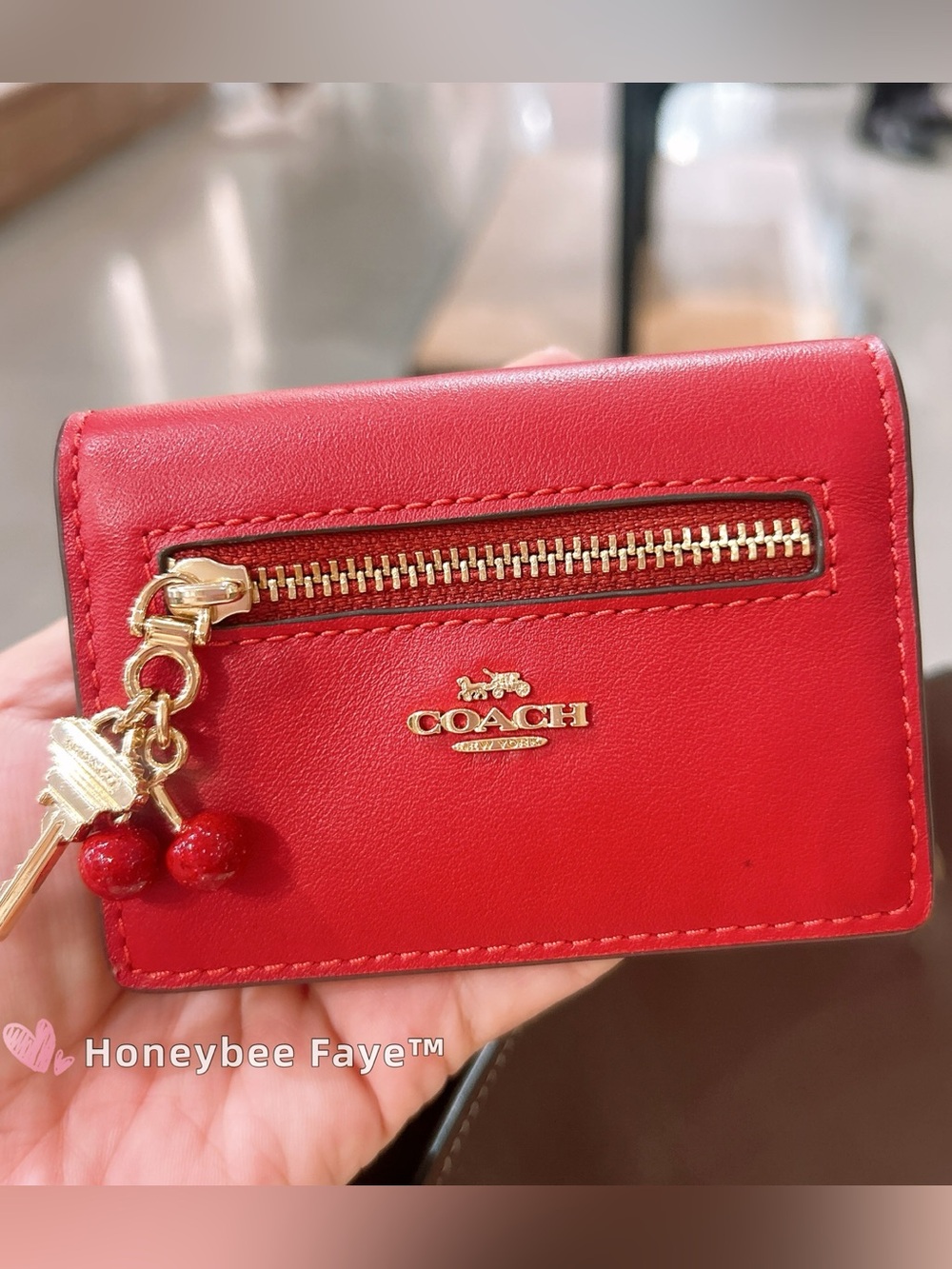 Coach Red Leather Card case Holder with Cherry Charm